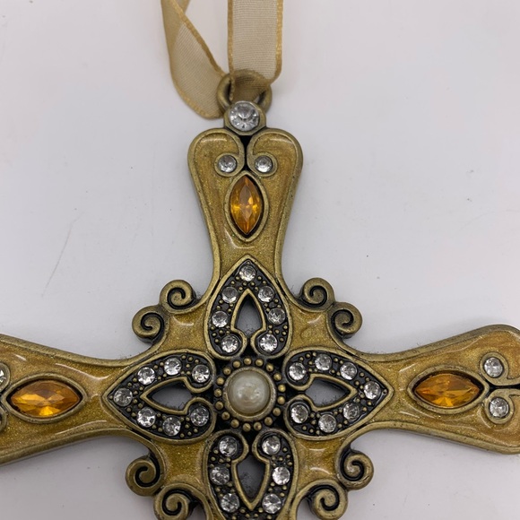 Gorgeous Vtg. Amber Gold Glitter Bronze Tone Metal Jeweled Cross Ornament - Picture 6 of 7